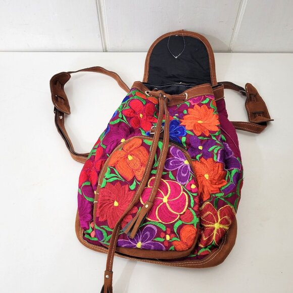 Handcrafted Floral Embroidered Cotton & Faux Suede Backpack - Picture 3 of 9